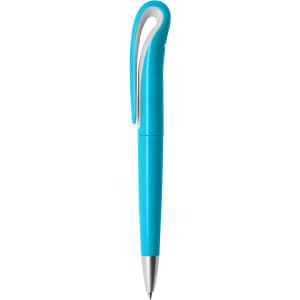 A plastic pen in a bright blue colour with a unique clip design. It features a logo on the barrel.