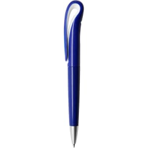 A blue plastic pen with a unique curved clip design and a silver tip. It features a logo on the barrel.