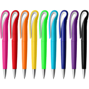 A collection of ten plastic pens in various colours: pink, red, orange, yellow, green, blue, purple, and black, each with a clip.