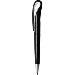 A plastic pen in black with a distinctive sleek design and a silver tip, featuring a branding logo.