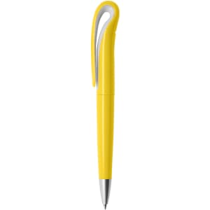 A yellow plastic pen with a sleek design and a silver clip. It features a logo on the body.
