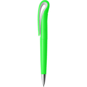A bright green plastic pen with a curved clip and silver tip, featuring a logo.