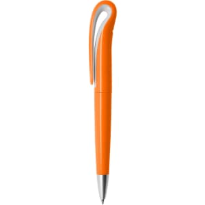 An orange plastic pen with a silver clip and a smooth design. It features a logo on the body.
