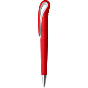 A red plastic pen with a sleek design and a silver tip, featuring a logo on the side.
