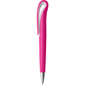 A pink plastic pen with a unique curved clip and a silver tip, featuring a logo.