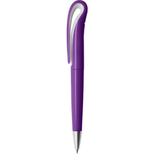 A plastic pen in vibrant purple with a distinctive curved clip and metallic tip. It features a logo on the barrel.