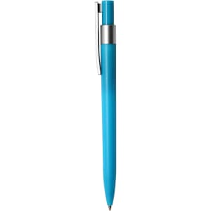 A plastic pen in a vibrant blue colour with a silver clip and a sleek design. It features a logo on the barrel.