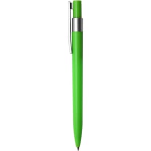 A green plastic pen with a silver clip, featuring a sleek design. It has a logo on the barrel.