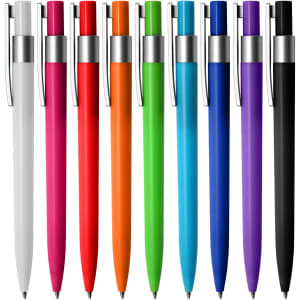 A lineup of plastic pens in white, pink, red, orange, green, blue, purple, and black, each with a silver clip.