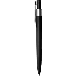 A black plastic pen with a silver clip and a sleek design. It features branding on the body.