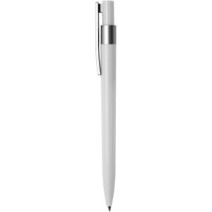 A plastic pen in white with a silver clip, featuring a logo on the body.