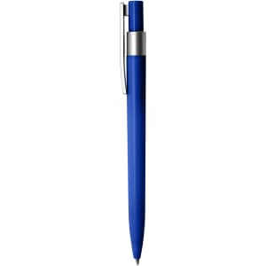 A blue plastic pen with a silver clip and accents. It has a smooth, sleek design and features a logo.