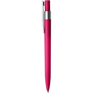 A plastic pen in bright pink with a silver clip and tip, featuring a logo.
