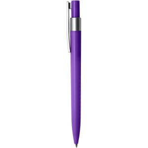 A purple plastic pen with a silver clip and a sleek design, featuring a branding logo.