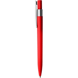 A red plastic pen with a silver clip. The pen has a sleek, modern design and features a logo.
