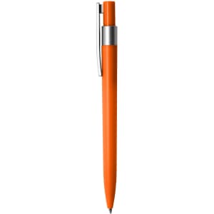 An orange plastic pen with a silver clip, featuring a sleek design and a logo on the barrel.