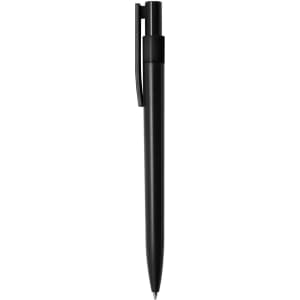 A sleek black plastic pen featuring a clip and a simple design, with a logo on the barrel.
