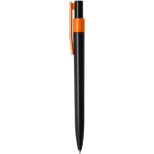 A black plastic pen with an orange clip and accent, featuring a logo.