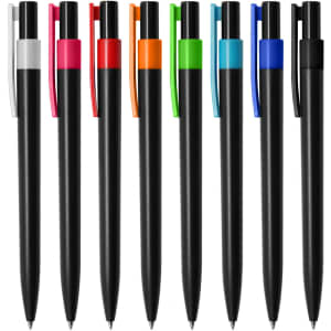 A collection of black plastic pens with various coloured clips in white, pink, orange, green, blue, and black.