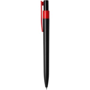 A plastic pen in black with a red clip. The pen features a sleek design and has a branding logo.