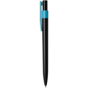 A plastic pen with a black barrel and a blue clip, featuring a logo on the body.