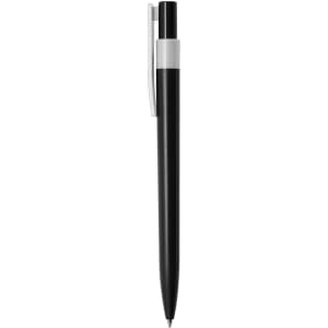 A black plastic pen with a silver clip, featuring a simple and sleek design.