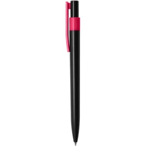 A plastic pen in black with a pink clip, featuring a logo or branding.