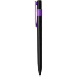 A plastic pen with a black barrel and a purple clip, featuring a logo.