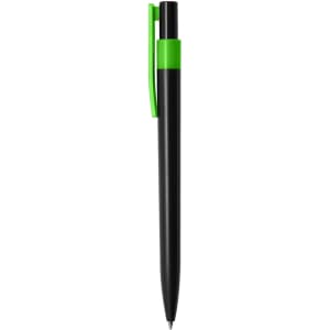 A plastic pen featuring a black body and a bright green clip. The pen has a sleek design and includes a logo.