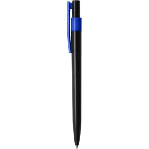 A plastic pen with a black barrel and a blue clip, featuring a logo on its side.