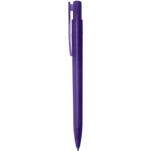 A purple plastic pen featuring a clip and a smooth design. It has a branding logo on the body.