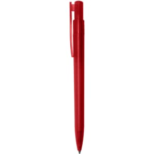 A red plastic pen with a clip and a smooth, streamlined design. It has a logo on the barrel.