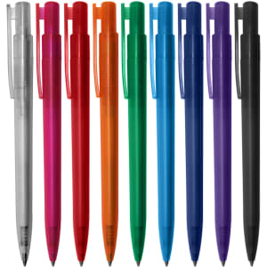 A collection of plastic pens in various colours: clear, red, pink, orange, green, blue, purple, and black. Each has a clip and a logo.