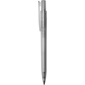 A plastic pen in clear plastic design with a black ink tip and a clip on the side, featuring a logo.