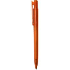 An orange plastic pen with a clip and a logo on the barrel.