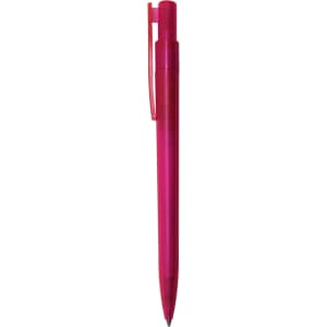 A pink plastic pen with a clip, featuring a smooth design and a logo on the barrel.