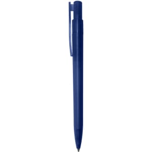A plastic pen in a deep blue colour, featuring a clip and a sleek design. The pen has a branding logo.