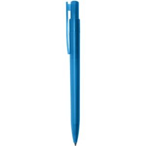 A blue plastic pen with a clip and a transparent design. Features branding on the pen.