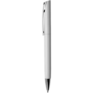 A plastic pen in white with a chrome clip and a black ink tip. It features a logo on the barrel.