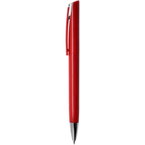 A red plastic pen with a silver clip and tip, featuring a simple design and a logo.