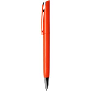 An orange plastic pen with a silver clip and tip, featuring a logo on the body.