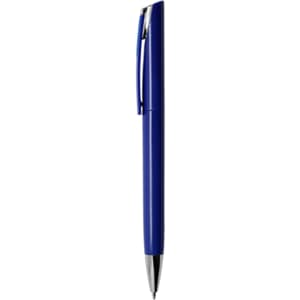 A blue plastic pen with a clip and a shiny silver tip, featuring a logo on the body.