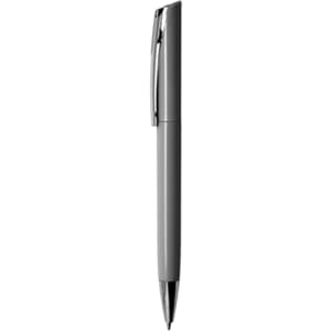 A grey plastic pen with a chrome clip and detailing, featuring a simple design. Logos visible on the pen.