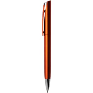A metallic pen in a vibrant orange hue with a silver clip and tip, featuring a logo on the barrel.