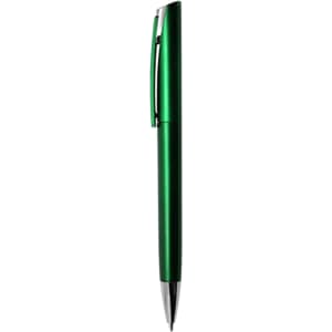 A metallic green pen with a sleek design and a clip. The pen features a shiny finish and has a branding logo.