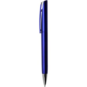 A metallic blue plastic pen with a silver clip and a rounded tip, featuring a logo on its body.
