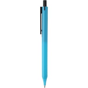 A plastic pen in a gradient of blue with a black clip and tip. Features a logo on the body.