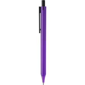 A purple plastic pen with a black clip and a branding logo on the body.