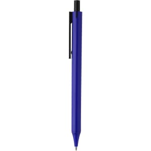 A plastic pen in vibrant blue with a black clip and tip, featuring a logo on its side.
