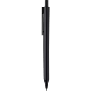 A black plastic pen with a clip and a retractable tip. It features a logo along the side.